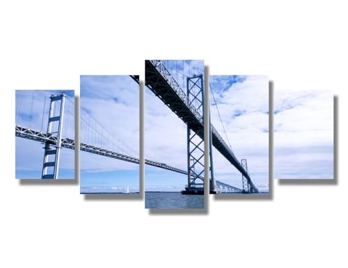 LSIUHWUWI Chesapeake Bay Bridge Bathroom Wall Decor Maryland Wall Decor Maryland Cityscape Canvas Wall Art Framed Posters & Prints 5 Panels Wall Art Artwork for Home Walls Ready to Hang 20X40 INCH