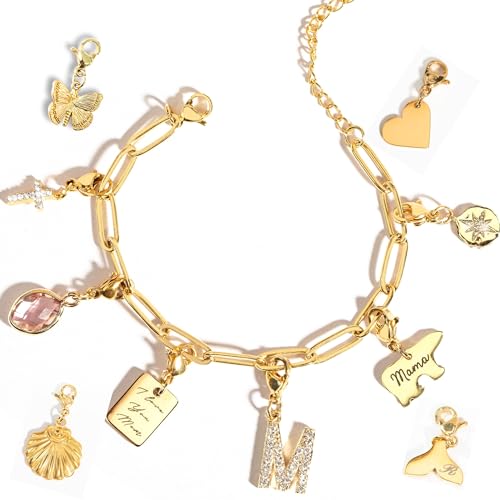 Personalized Engraved Gold Charm Bracelet for Mom, Gifts for Women, Gift for Grandma, Unique Birthdays Teen Girls, Mothers Day, Anniversaries, Graduation, Handmade Jewelry for Her - P-CHARM-MIX-BR