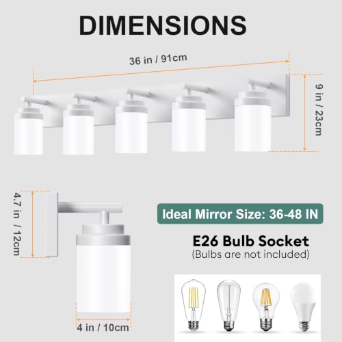 Image of IZORRO Bathroom Light Fixture White, White Glass Shade 36-Inch 5-Light
