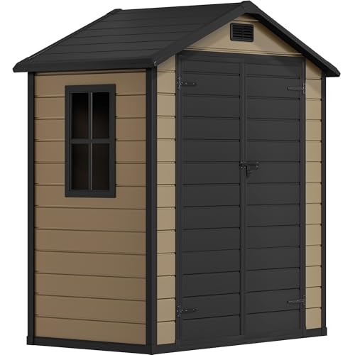 Image of DWVO 6.2x3.4 FT Outdoor Resin Storage Shed with Floor, All-Weather Bike Storage Shed with Lockable Door, Window and Vent, Waterproof Plastic Tool Storage for Garden, Backyard, Patio, Lawn, Brown