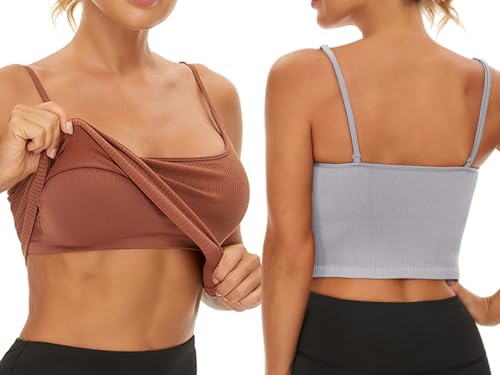 Image of Chilylori Seamless Sports Bra Cropped Tank Top with Adjustable Strap 2 Pack | Workout Tops Ribbed Sports Bra for Women Wireless Longline Crop Tank Padded Comfortable Brami