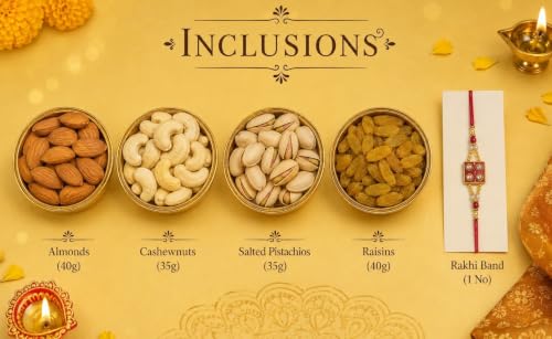 Image of Browntree Dry Fruits Rakhi Gift Hamper Premium 4P- 150g |Rakhi Hamper for Brother| Almonds, Cashewnuts, Salted Pista, Raisins with Rakhi Band| Festive & Corporate Gifting Box | Ideal Gift Box for all celebration