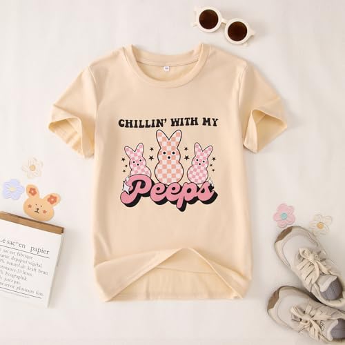 Image of CM C&M WODRO Kid Girl Easter Bunny T-Shirt Chillin' with My Peeps Shirt Short Sleeve Funny Happy Easter Graphic Tees Tops