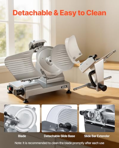 Image of VEVOR Commercial Meat Slicer, 10 inch Electric Food Slicer, 240W Frozen Meat Deli Slicer, Premium Chromium-plated Steel Blade Semi-Auto Meat Slicer For Commercial and Home use