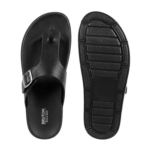 Image of BRUTON Men's STRIVO-1141 Wedge Sandals | Adjustable Buckle Toe Ring Comfort Sandals | Lightweight Cushioned Footbed | Anti-Slip Casual Outdoor & Daily Wear Footwear | Black
