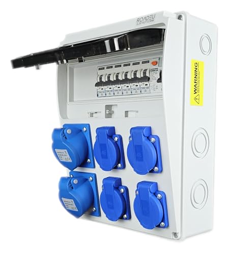 RoadEu - Stromverteiler 230V. Einphasig 2x CEE 16A 3P Steckdose und 4x Schuko Steckdose mit Sicherungsautomat Steckdosenverteiler mit FI Schalter. Steckdosen integriert mit Sicherungskasten.