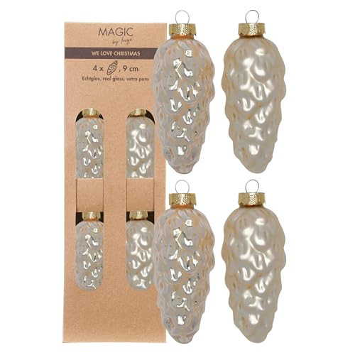 Christbaumschmuck Zapfen 9cm Glas 4 Stück - matt & glänzend - Christbaumkugeln für Weihnachtsbaum - Weihnachtskugeln & Weihnachtsbaumschmuck zu Weihnachten - Champagne