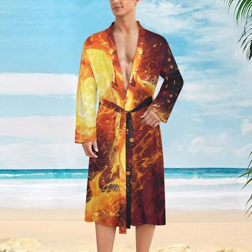 Flame Wolf Howls Under Moon Funny Men's Robe Novelty Soft Lightweight Bathrobe Long-sleeve Spa Robes2