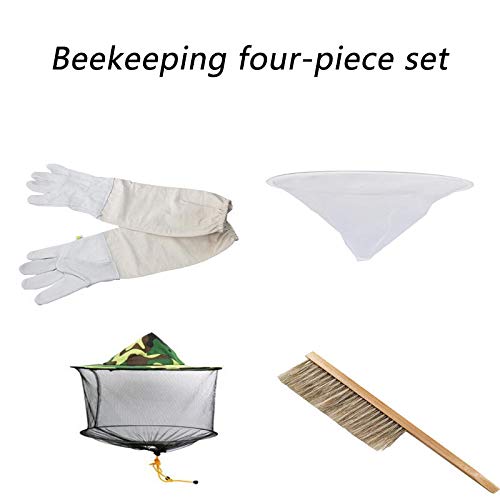Beekeeping Tools Camouflage Bee Hat Bee Sweep Anti Bee Hat Filter Mesh Sheepskin Gloves Beekeeping Accessory Bee Keeping Tool (4 PCS Set)