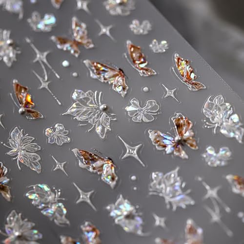 Image of Butterfly Nail Stickers Flower Nail Art Decals with Pearl Design Floral Nails Stickers 5D Embossed Self Adhesive White Brown Nails Charms for Women Girls Manicure DIY Supply Decoration