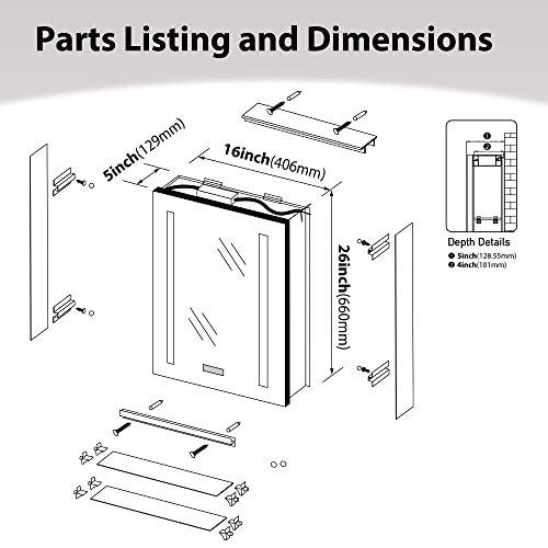 Bathlink Led Medicine Cabinet Mirror For Bathroom, Lighted Medicine Cabinet With Clock, Lighted Medicine Cabinets For Bathroom With Mirror, 16"×26"×5", Defog, Adjustable Light, Right Hinge #TOP5