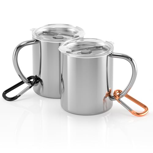 Yoassi Edelstahl Camping Becher 2er Set 300ml Thermotasse mit Deckel und Karabiner doppelwandige Isolierbecher Kaffeebecher Kaffeetasse Trinkbecher BPA frei für Outdoor und Camping