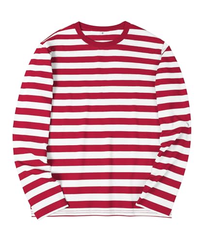 Image of KESIHAN Mens Striped Long Sleeve Shirt Crewneck Casual T-Shirt Basic Stripe Cotton Spandex tee Shirt