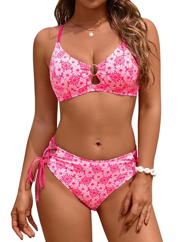 Blooming Jelly Women's Bikini Sets Floral Printed Two Piece Swimsuits O-Ring Cheeky Mid Rise Bathing Suit