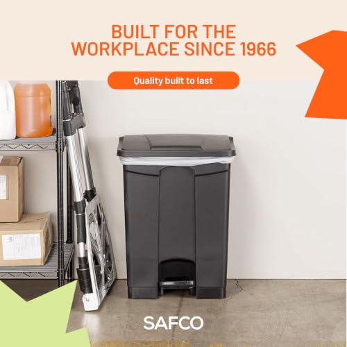 Image of Safco Large Step On Plastic Trash Can with Foot Pedal, Black, 23 Gallon | Commercial Foot Pedal, Tight-Closing Lid Contains Odors, Built-In Bag Hooks, Durable Plastic, for Kitchen or Outdoor Use