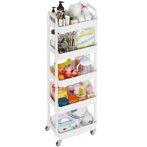 Dttwacoyh,5 Tier Utility Cart, Mobile Rolling Trolley on Wheels, Storage Cart for Kitchen, Bathroom, Office, Laundry, Makeup, White