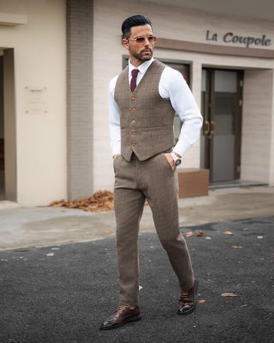 Wemaliyzd Vintage Men's Suit 3 Piece Plaid Tweed Herringbone Suits for Wedding Business Blazer Vest Pants4