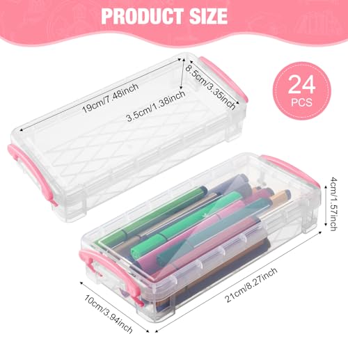 Image of Gueevin 24 Pcs Large Capacity Plastic Pencil Box Clear Plastic Pencil Case Crayon Box with Snap Tight Lid Watercolor Pen Storage Brush Organizer Drawing Tools Container (Pink)