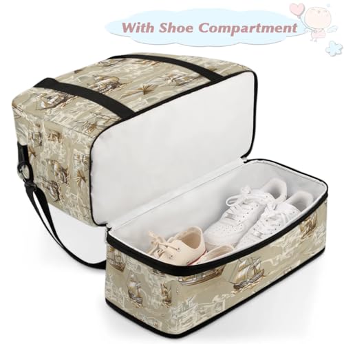 Travel Duffel Bag with Shoe Compartment, Vintage Books Ships Shoulder Weekender Bags for Women, Foldable Waterproof Travel Bag Carry on Bag4