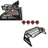 Black Horse Atlas Roll Bar Incl. Pair of 7.0' Dia. Led Lights w/Red Trim Rings Black Compatible with 1999-2025 Ford F-250 Super Duty|1999-2025 Ford F-350 Super Duty|1999-2025 Ford F-450 Super Duty