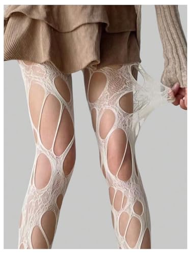 WDIRARA Women's Hollow Out Pantyhose Ripped Tights High Stockings for Rave Punk Y2k Pure White One Size4