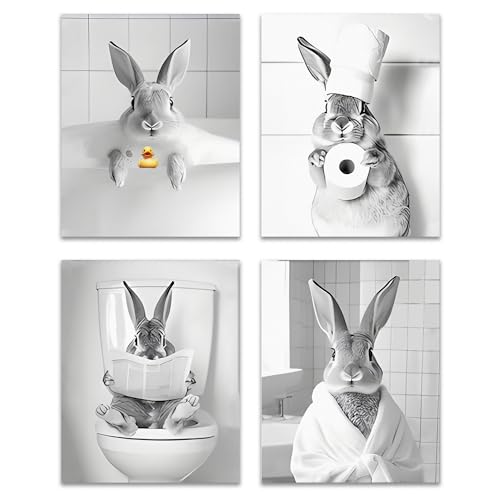 OFJE Funny Bunny Bathroom Wall Art Decor Prints Set of 4, Black and White Rabbit in Bathtub Posters Pictures Wall Decor for Bathroom Washroom Restroom, 8x10 Unframed