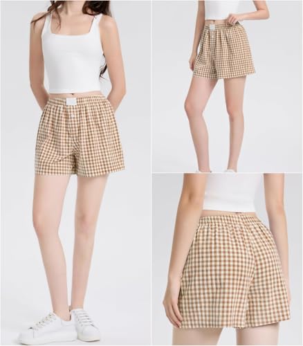 Image of Women Pajamas Shorts Y2k Elastic Waist Plaid Boxer Shorts Cute Gingham Sleep Lounge Bottoms