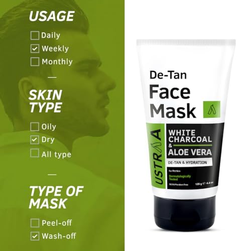 Image of Ustraa De-Tan Face Mask - Dry Skin - 125g - Wash-off mask | with White Charcoal | Effectively Removes Tan & Face Wash Acne Control - With Neem & Charcoal - 100g | Controls Oil, Prevents Acne