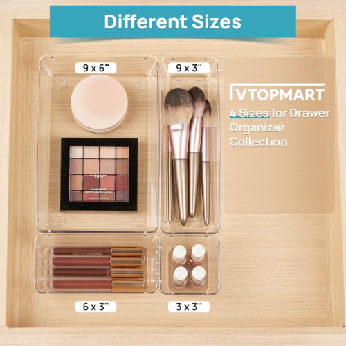 Image of Vtopmart 10 Pack Clear Drawer Organizer Bins, 4 Sizes Makeup Storage Trays | Makeup & Vanity Storage Organizers for Drawers, Bathroom, Office and Daily Essentials, Clear Acrylic Bins Keep Items Sorted