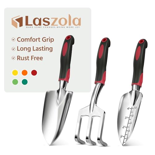 LASZOLA 3 Piece Garden Tool Set Include Hand Trowel Rake and Transplant Shovel for Women, Indoor Heavy Duty Small Spade Kit with Ergonomic Handle to Weed and Loosen, for Mom and Plant Beginner, Red