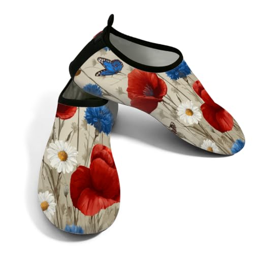 Zapatos acuáticos de playa unisex transpirables y antideslizantes con estampado de amapolas