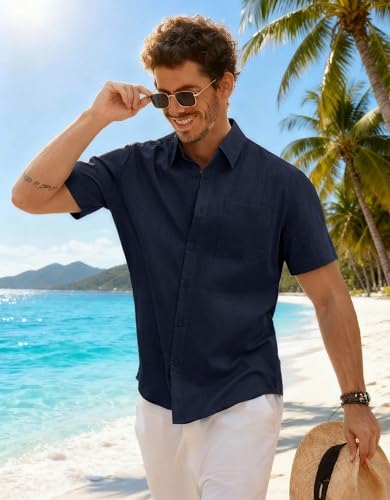 Image of COOFANDY Men's Button Down Short Sleeve Shirt Casual Cotton Summer Beach Wedding Linen Shirts with Pocket