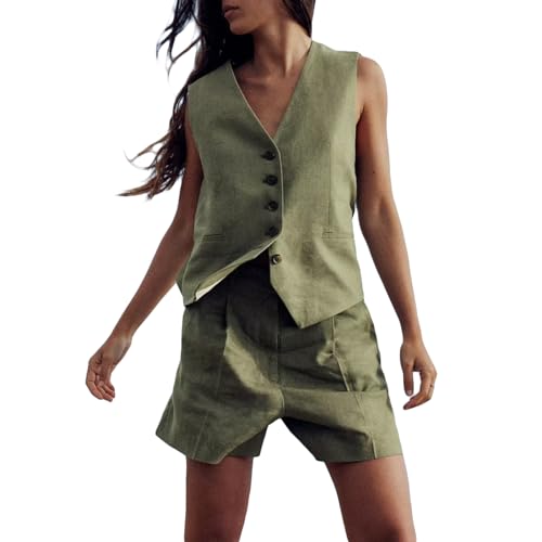Caziffer - Chaleco de traje con botones sin mangas, chaleco de negocios con cuello en V, color sólido para mujer, ejército verde, XS