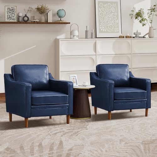 Kingfun Accent Chair Set of 2, Living Room Chairs, Faux Leather Reading Armchair, Mid Century with Solid Wood Foot, Upholstered Modern Decor for Bedroom, Apartment