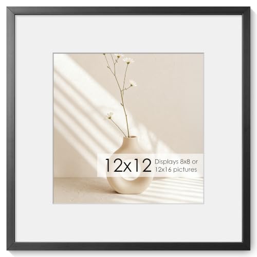 Fun Memories 12x12 Aluminum Picture Frame with 8x8 Mat, 12x12 Black Photo Frames Attached Hanging Hardware and Glass - Vertical or Horizontal Wall Display Frames, Set of 1