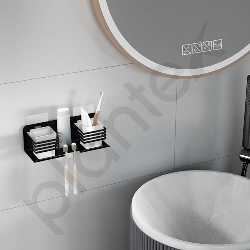 Image of Plantex Stainless Steel Self Adhesive Double Tumbler Holder /Toothbrush Stand for Bathroom /Toothpaste Holder /Bathroom Accessories - Pack of 1 (Black)