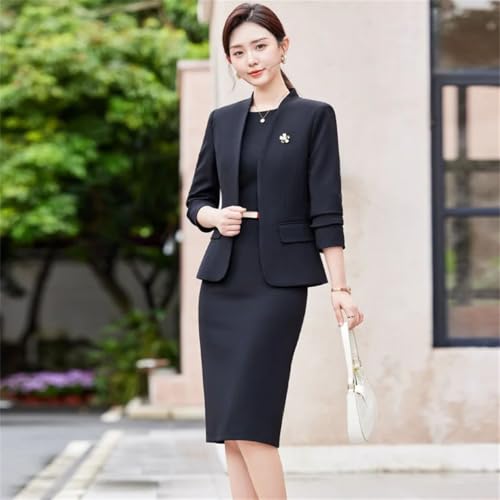 Women's Solid Color Stand Collar Long Sleeve Two Piece Slim Fit Suit and Dress Set4