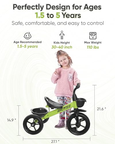 RIDYEE Toddler Tricycle for 1.5 to 5 Years, Tricycle for Ages 2-4 Years, Extra-Wide Rear Wheelbase for Stability, Trikes for Kids 1-3 with Dual Storage Baskets, Easy to Carry Seat, Green - image 6