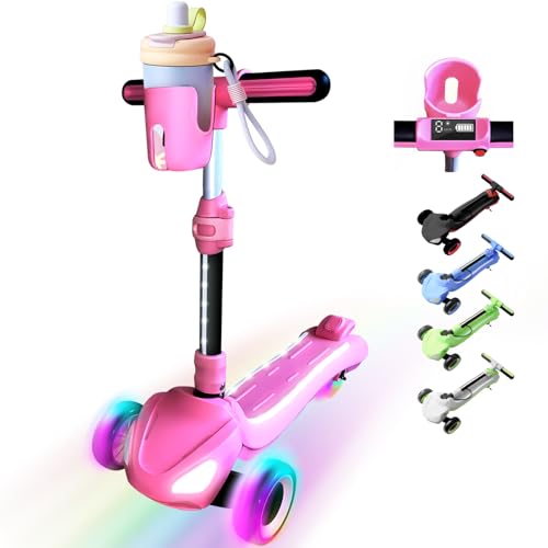3 Wheel Electric Scooter for Kids Ages 3-10 w/Storage Basket LCD Screen Full Body Lights Up Wide Deck 5Mph Safe Speed 90min Riding Balance Foldable Kick Scooter for Boys & Girls L Pink