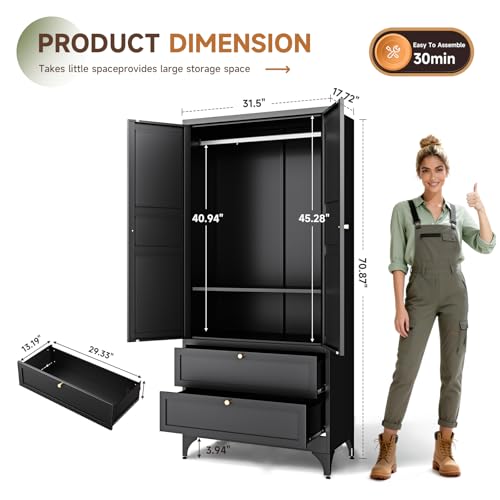 Image of Letaya 71 inch Metal Wardrobe Cabinets with 2 Drawers,Steel Armoire Wardrobe Closet with Doors and Shelves,Clothing Storage Cabinets with Hanging Rod for Bedroom, Gym, Cloak Room,Black