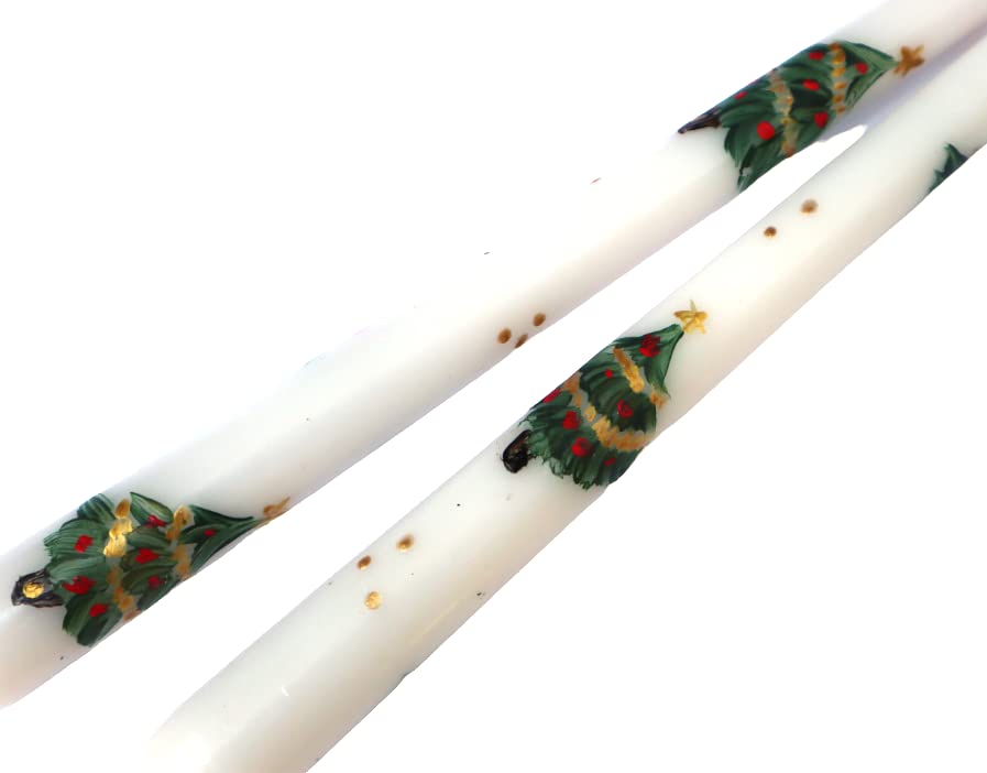 Goddess Arts Collection Gift Boxed Decorative Hand Painted Christmas Tree Design Taper Candles Xmas Decorations Holiday Table Decor Soft Lighting Accents