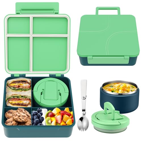 MAXSO Bento Lunch Box Set for Kids with 8 oz Soup Thermo, Leakproof Hot Food Container with 4 Compartments, Insulated Food Jar for Toddler Daycare Boys Girls School - Green