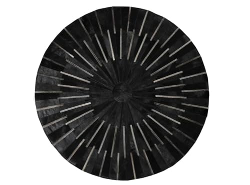 Image of Round Leather Area Rug, Cowhide Soft Hair Suede Leather Carpet, Luxury Sun Rays Stripes Patchwork Round Rug, Non Slip Floor Accent, Ideal for High Traffic Areas in Living Room, Color: Black (8x8 ft)