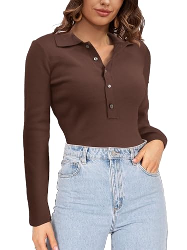 SuperPrity Long Sleeve Shirts for Women Spring Fashion V Neck Button Polo Sweaters Stretch Slim Fitted Knit Basic Tee Tops