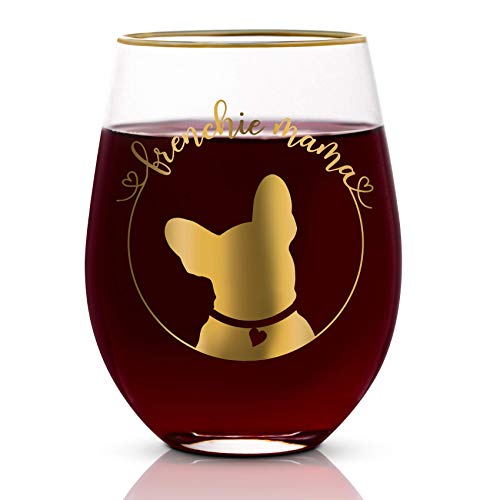 Onebttl French Bulldog Gifts for Women Frenchie Mama, Dog Lover Gifts for Frenchie Mom, Best Frenchie Gifts for Dog Mom, 17 oz Stemless Wine Glass, Perfect for Thanksgiving Day, Christmas, Birthday