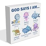 Ocean Nursery Christian Decor Wooden Box Sign Under the Sea Nautical Nursery Bible Verse God Says I Am Wood Block Plaque Sign for Boys Girls Sea Room Bedroom Bathroom Table Shelf Decorations