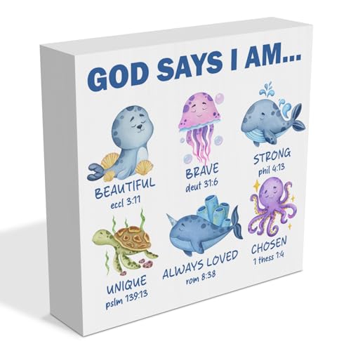 Ocean Nursery Christian Decor Wooden Box Sign Under the Sea Nautical Nursery Bible Verse God Says I Am Wood Block Plaque Sign for Boys Girls Sea Room Bedroom Bathroom Table Shelf Decorations
