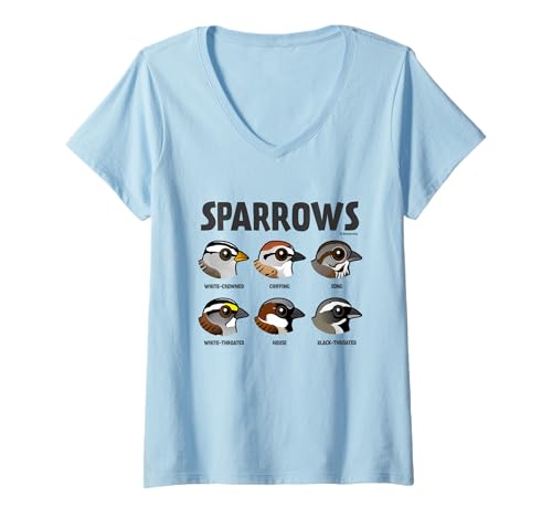 Women's SPARROWS Cute Cartoon Bird Species Graphic Design Birder V-Neck T-Shirt