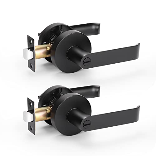 KNOBWELL 2 Pack Heavy Duty Privacy Door Lever Lever Door Handle for Bedroom or Bathroom with A Matte Black Finish, Left/Right Handing 2.16 lb One Lever