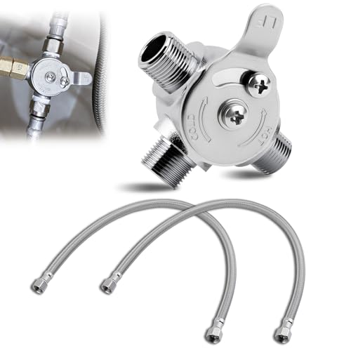 3/8" Manual Mixing Valve Hot Cold Water Temperature, Brass Water Mixing Valve with 2 Braided Faucet Connector, for Home and Bathroom Below Deck to Adjust Water Temperature